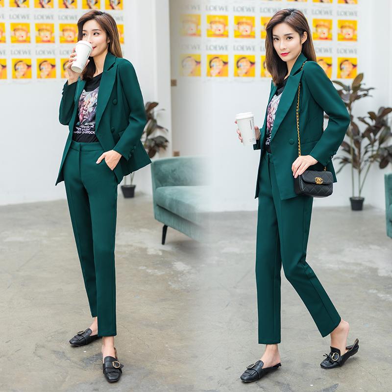 

2020 new Korean women's dark green suit with self-cultivation temperament and fashion suit jacket plus two sets of joker pants, Black