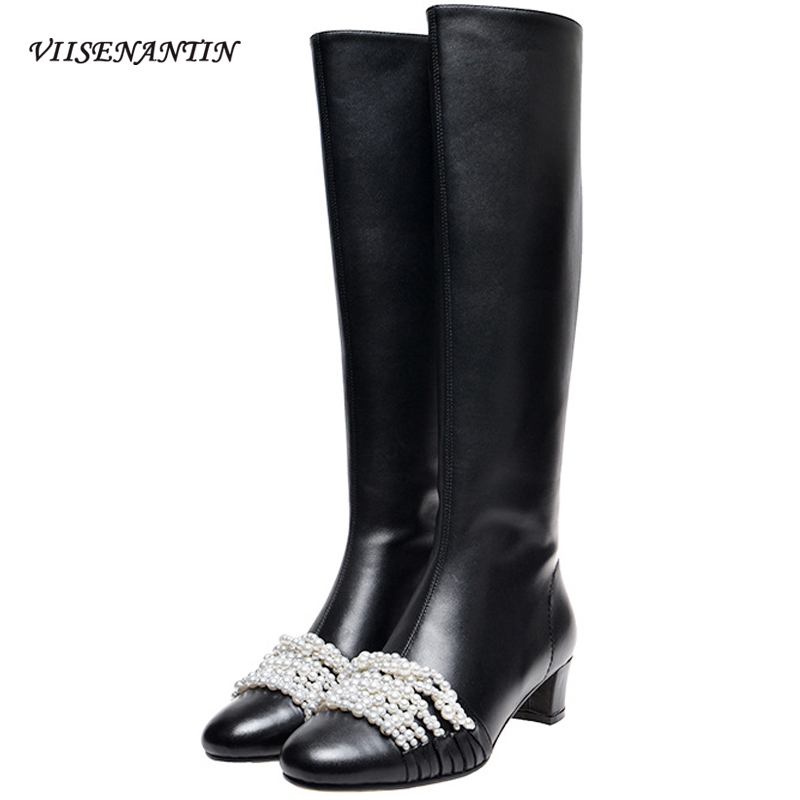 

Pearl Autumn/winter Genuine Leather Thick Mid Heel High Tube Knee-lengt Knight Boots Women Black Crystal Slip-On Punk Shoes