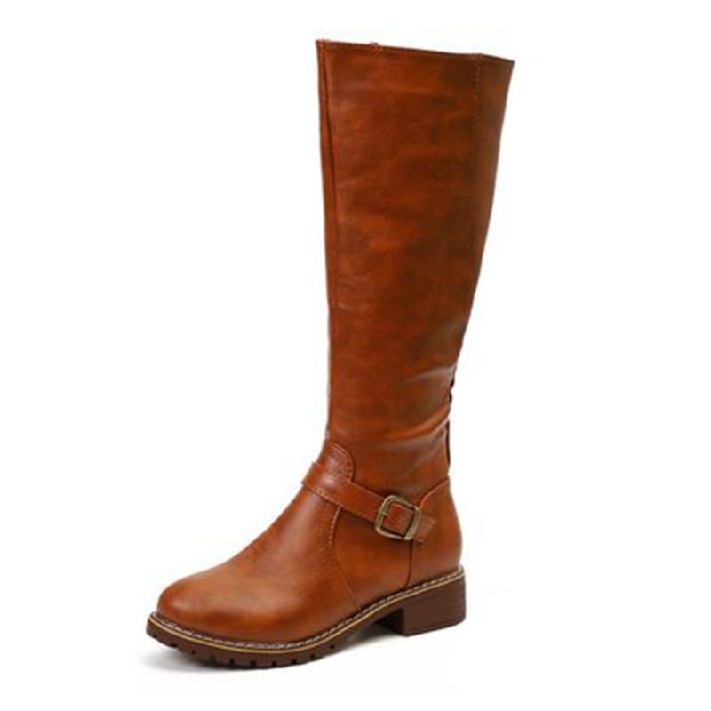 

Women Leather Zip Knee High Boots Women's Metal Buckle Fashion Boots Woman Round Toe Shoes Female Solid Low Heels Plus Size 43, Black