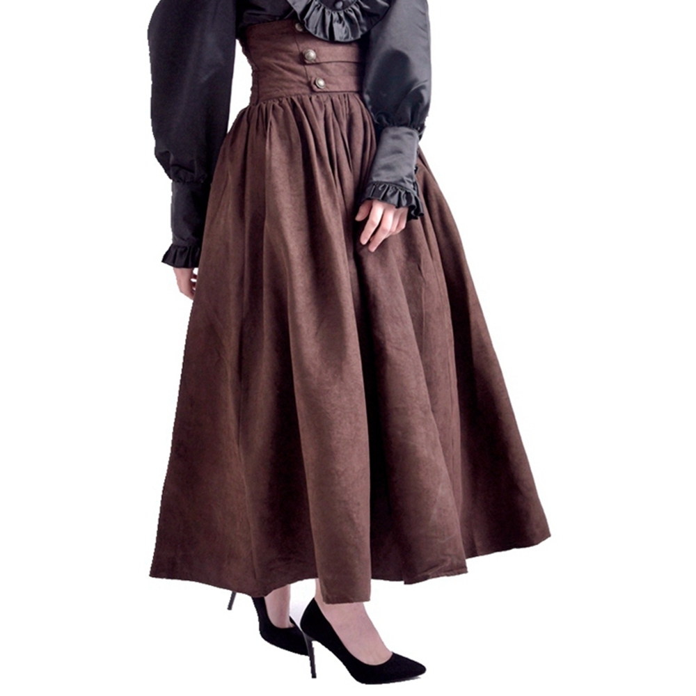 

Gothic Steampunk Skirts Women Vintage Victorian Renaissance Cosplay High Waist Double-breasted Long Walking Skirt Y200326, Brown
