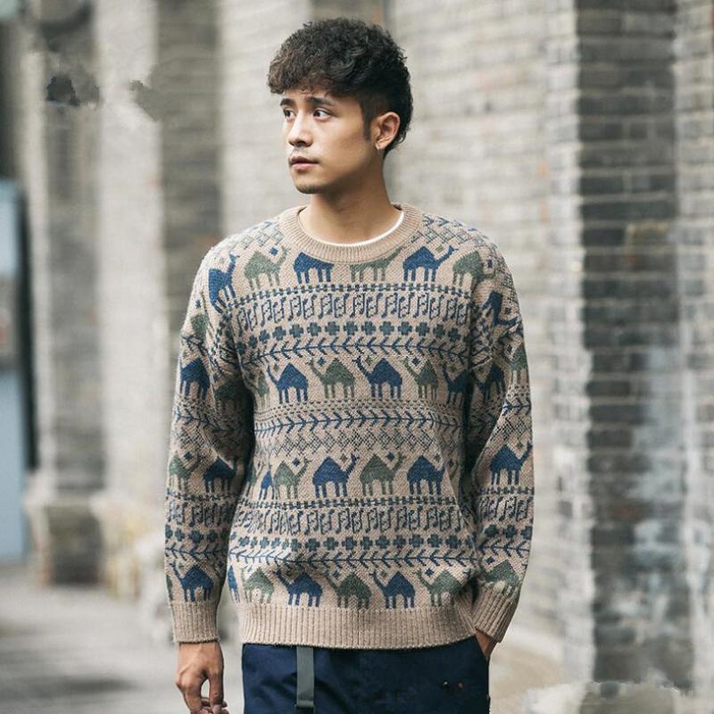 

Men O collar Sweater 2020 New Autumn Retro Desert Camel Jacquard Pullover Men's Casual Loose Sweater Homme W1321, Blue