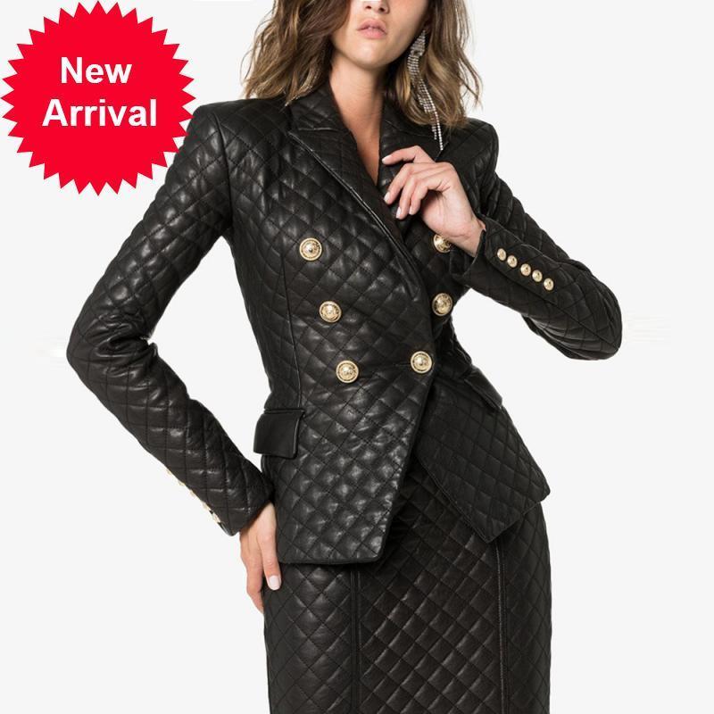 

Luxury 2021 New Brand of the Female Vintage Black Double-breasted Lion Buckle Thin Plaid Leather Jacket PULC, Beige