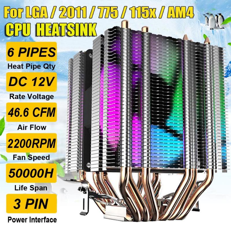 

CPU Cooler 6 Heat Pipes Heatsink with 90mm Rainbow LED Fan 3pin Computer CPU Cooling For LGA/2011/775/115x/AM4
