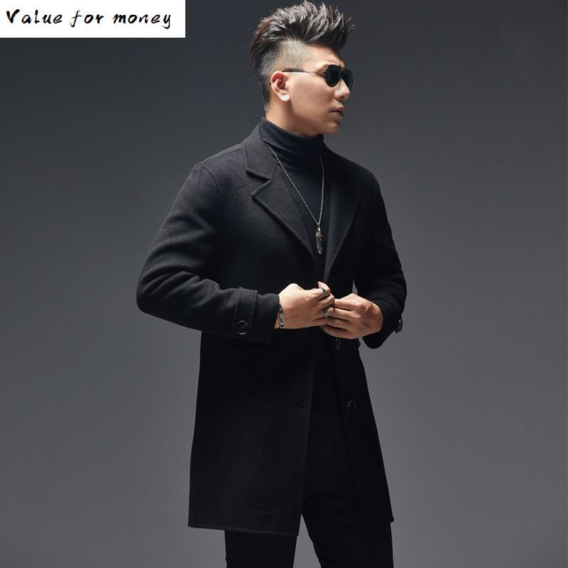 

Wool 100% Coat Men Autumn Double-sided Long Jacket Men Korean Mens Overcoat Peacoat Jackets Erkek Mont LM18-1019 KJ1566, Black