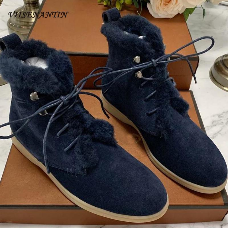 

2020 Women Winter Warm Ankle Bootie Lace Up Blue Khaki Cow Suede Chic Loafers Boot Comfortable Fur Snow Boots Top Quality, As picture