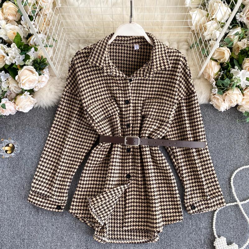 

SINGRAIN Retro Plaid Houndstooth Blouse Women Turn-down Collar Long Sleeve Button Tops Autumn Korean Fashion Streetwear Blouses, Black