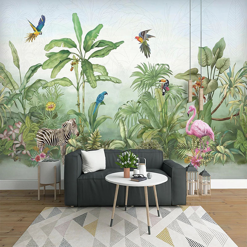 

Custom Mural Wall Paper 3D Hand Painted Tropical Rainforest Plants Leaf Flowers And Birds Animal Wallpapers Living Room TV Mural, As picture