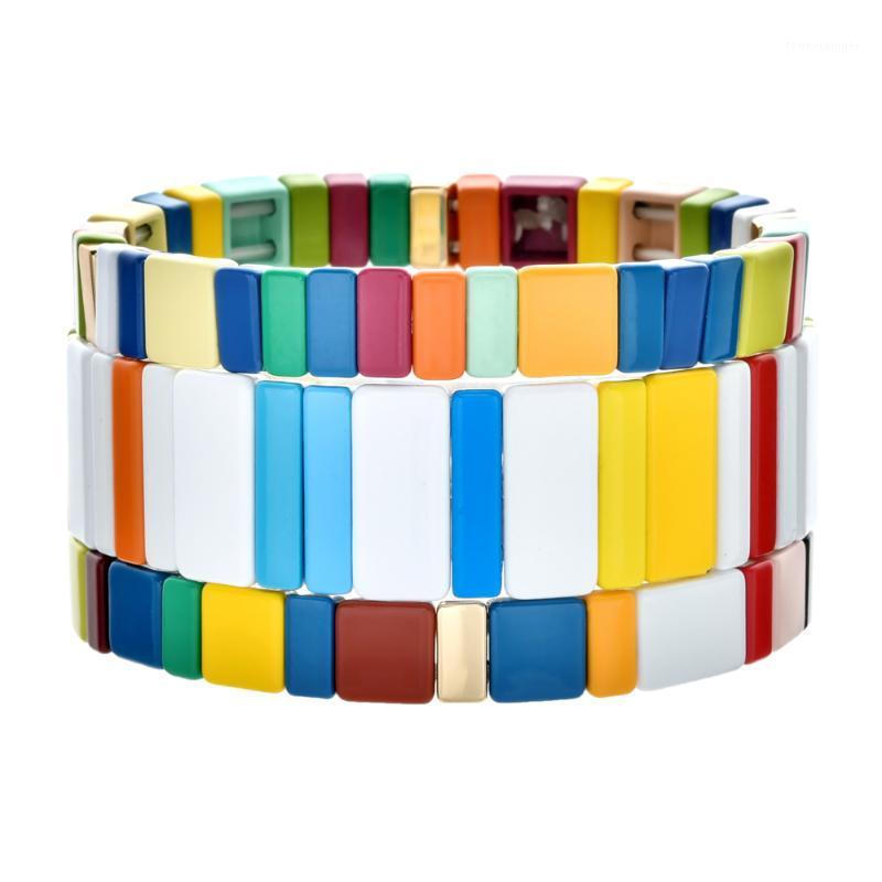 

Charm Bracelets 3pc/Set Bohemian Metal Painted Colorful Rainbow Tile Stacking Bracelet For Women Party Jewerly Pulseras Insta Fashion Drop S