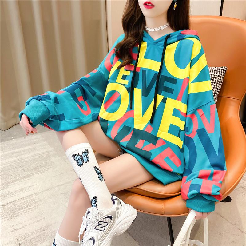 

2020 Blue Women Loose Sweatshirts Autumn Long Sleeve Letter print Harajuku Hoodie Streetwear Oversized Tops Girls NS4646