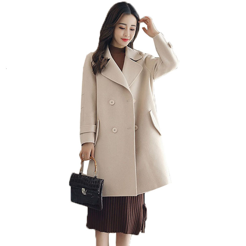 

2021 New Women' Wool Mid-long Double Breasted Trench Coat Winter Hot Solid Ladies Elegant Color Outerwear ED0S, Creamy-white.