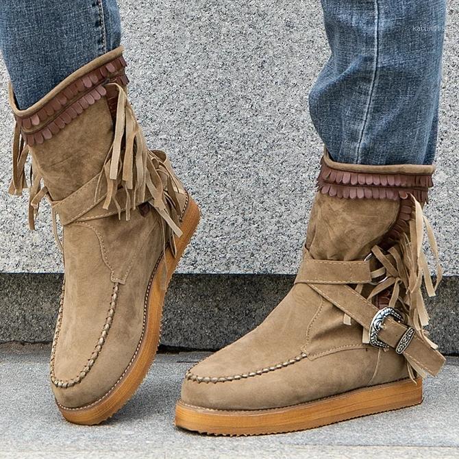 

New 2020 Autumn Winter Women's Boots Flat Bottom Large Size Belt Tassel Short Thick Cotton Boots Flat Bottom Women1, Army green