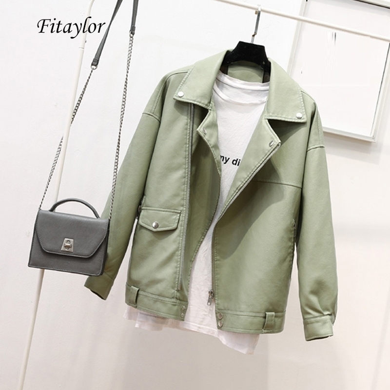 

Fitaylor Autumn Faux Soft Leather Pu Jacket Women Loose Punk Coat Female Turndown Collar Moto Biker Rivet Zipper Street Overcoat 201124, Beige