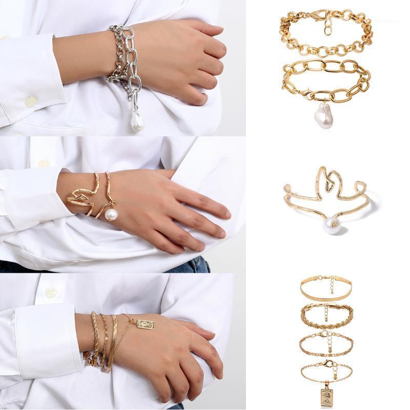 

Youvanic Fashion Punk Pearl Pendant Chunky Chain Bracelet Set For Women Geometric Thick Link Open Bracelets Bangles Jewelry 04991