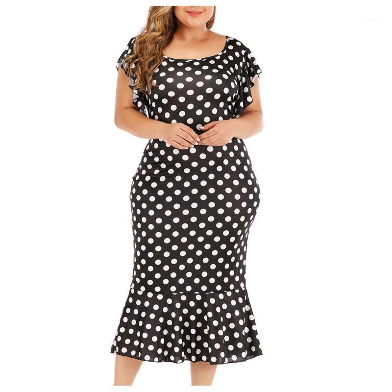 

SAGACE Summer Dress Women Plus Size O-Neck beach dresses and tunics Trim Polka Dot Print Short sleeve Dress vestidos de verano1