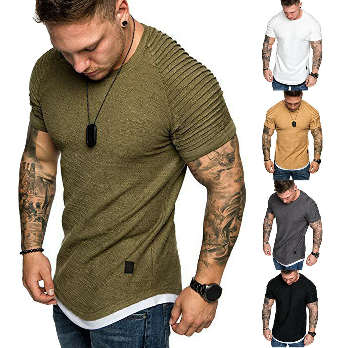 

Hot Men's T-Shirts Pleated Wrinkled Slim Fit O Neck Short Sleeve Muscle Solid Casual Tops Shirts Summer Basic Tee New, White