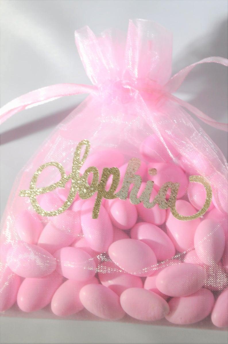 

Personalized any text or Name Organza Favor Bag for Birthday Parties, Bridal Showers, Baby Showers, Sweet 16, Christenings