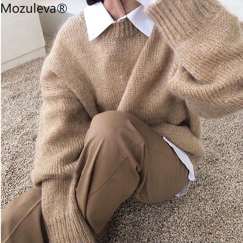 

Mozuleva New 2020 Autumn Winter Women Elegant Labeling Loose Sweater Female Solid Color O-Neck Full Sleeve Warm Pullover Femme, Pink