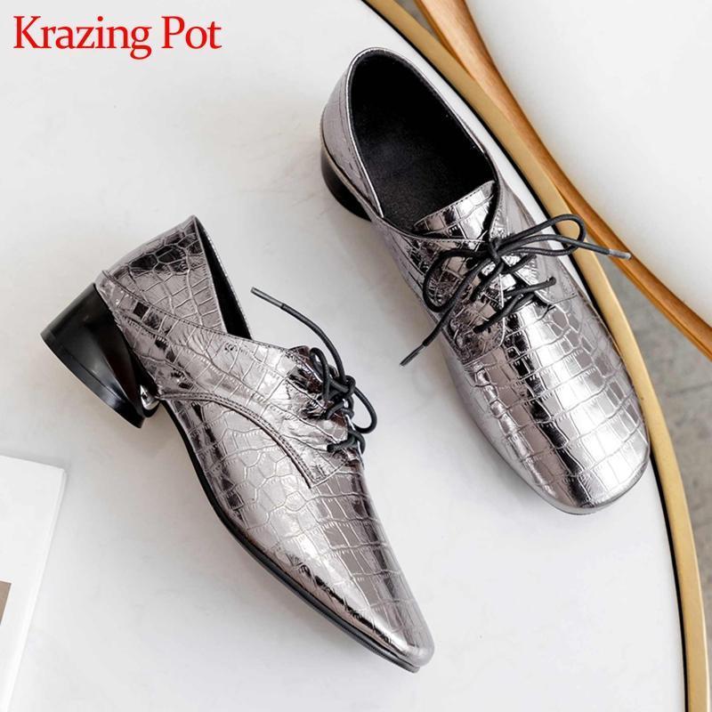 

Krazing Pot print genuine leather vintage shoes round toe med heels lace up women spring fashion simple daily wear pumps L011, Black