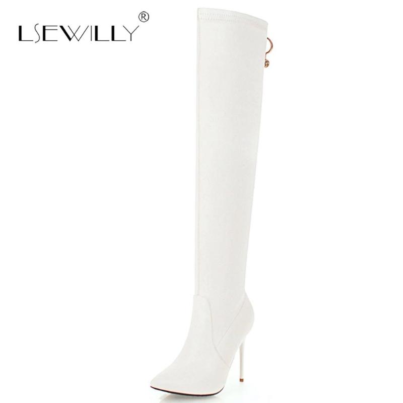 

Lsewilly Over The Knee Boots Winter Pointed Toe Warm Women Boots Lady Stretch Fabric Slip On Fashion Long Botas Shoes S926, Black