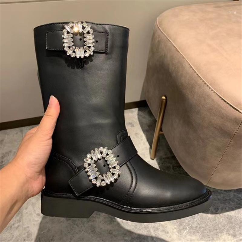 

Winter Genuine Leather Mid Calf Boots Square Buckle Crystal Goth Women Riding Boot 2020 Designer Women Shoe Booties1, As picture