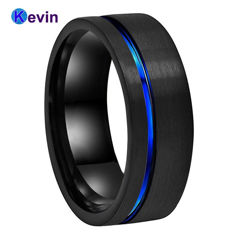 

Mens Wedding Band Black Tungsten Ring With Blue Color Groove Flat Band 8MM