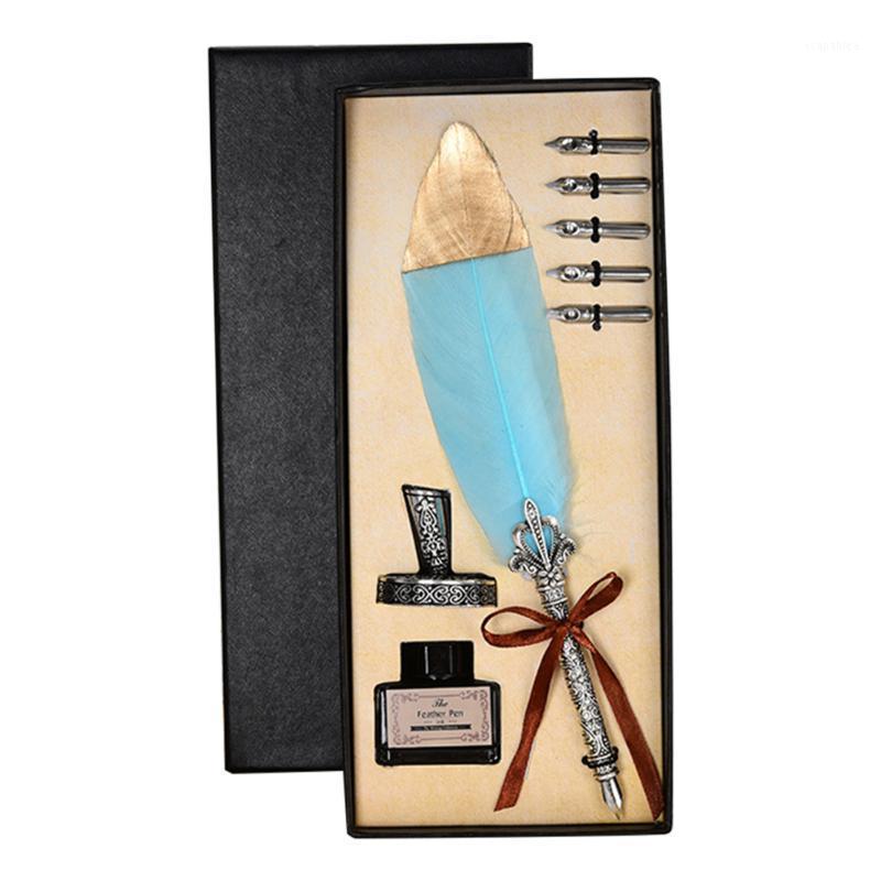

1 Set Vintage Calligraphy Feather Dip Pen 2/5 Nib Writing Ink Quill Fountain Pen Retro Stationery Wedding Gift 28x9x4cm1, Red