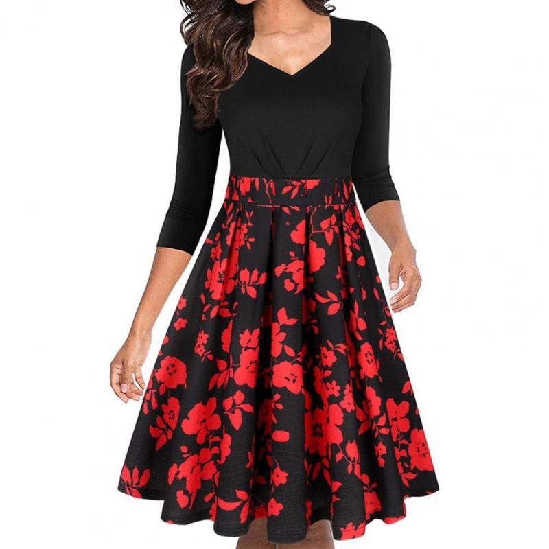 

Casual Dresses Elegant Women Dress Floral Print Large Hem Spring Autumn Patchwork Knee Length For Office Female Clothing, Black;gray