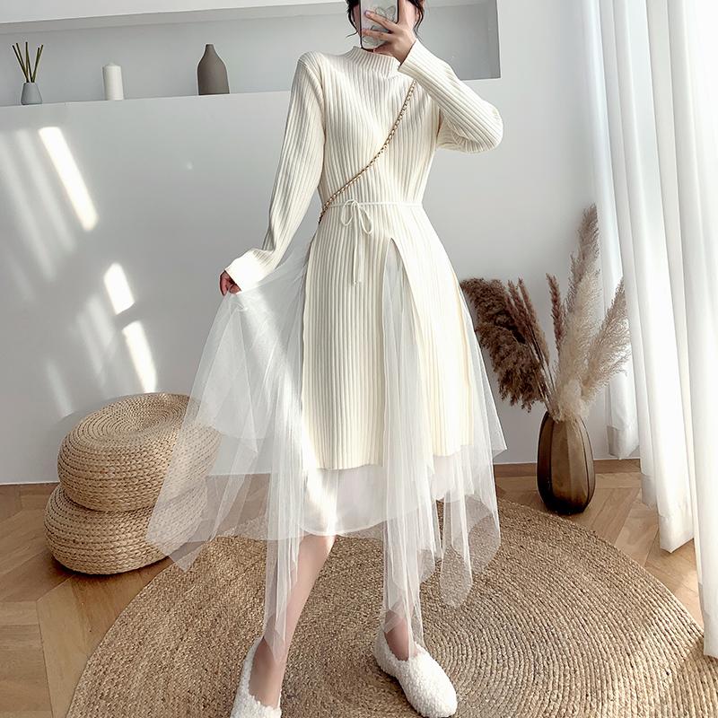 

Winter 2 piece Knit set Sweater Dress Women Knitted Mesh Long Dress Female Long Sleeve Vestidos casual sets, White suit