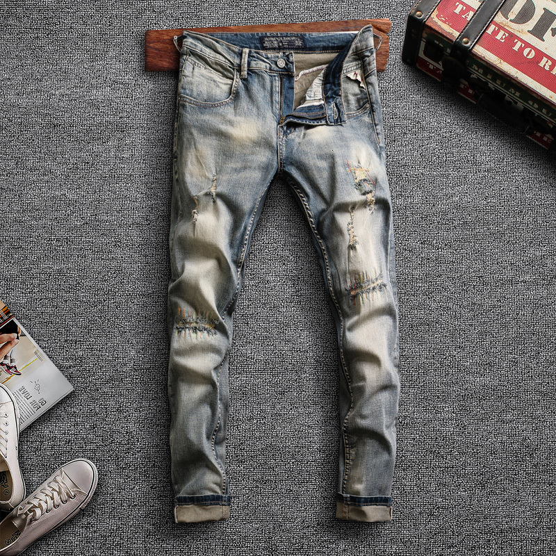 

2021 New Italian Style Fashion Men Jeans Retro Blue Elastic Slim Fit Ripped Denim Pencil Pants Vintage Patchwork Designer Long Trousers 82k1