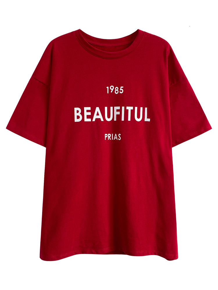 

New 2021 Women Will See Letter Print Neck T-shirts Short Sleeve Cotton Female Red Tops Casual Loose Color Wopl