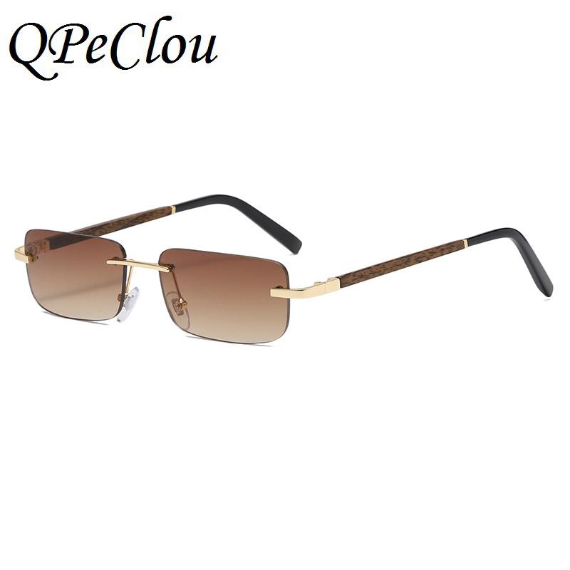 

QPeClou New Fashion Vintage Wood Grain Sunglasses Women Brand Designer Small Rimless Square Sun Glasses Men Driving Shades