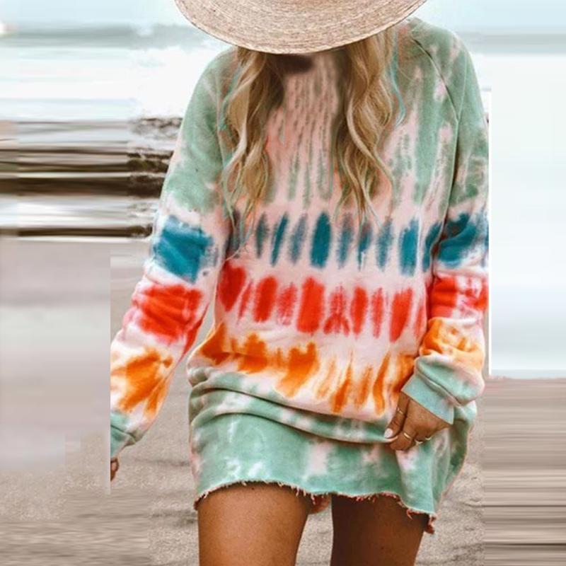 

New Casual Rainbow Tie Dye Print Sweatshirt Dress for Women Long Sleeve O-Neck Mini Dress Female Loose Straight 2020, Mint green