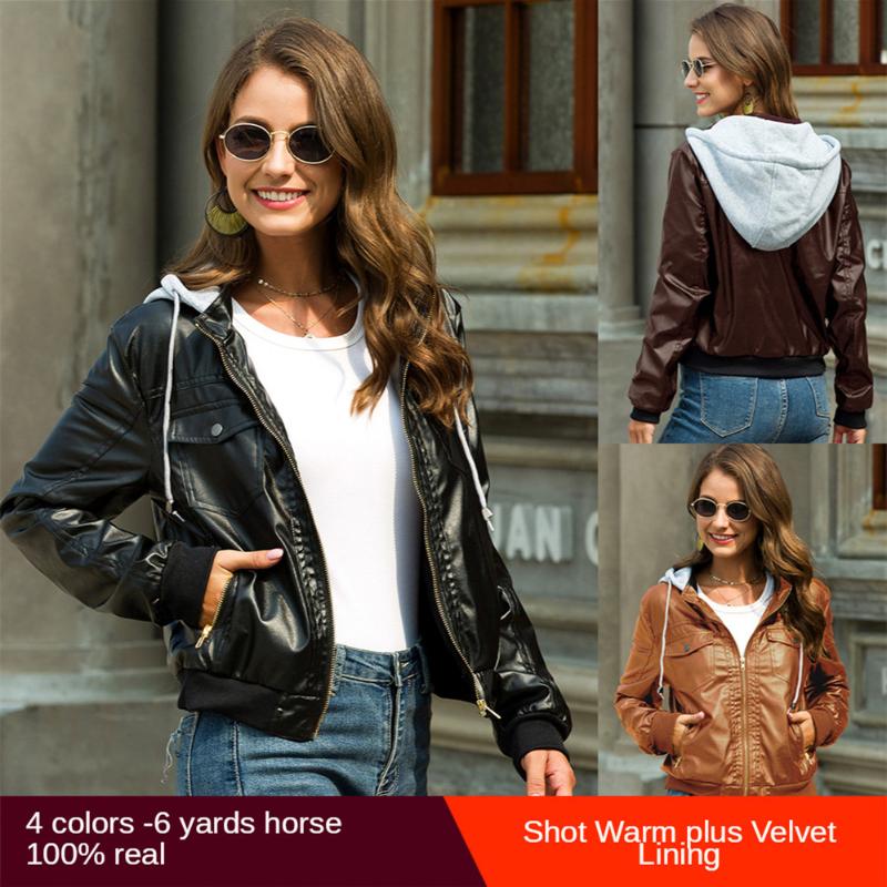 

2021 New Winter Leather Jacket Winter Ladies Plus Velvet Thick Hooded Leather Jacket Women Short Coat Motorcycle Girl Sexy Top, Black