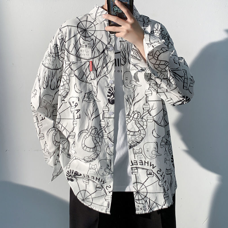 

New Men's Harajuku Printed Casual Shirt 2021 Fashion Woman Oversize Tops Korean Streetwear Shirts Male Clothing 22l8, C3078