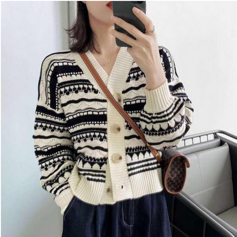 

Winter Warm Cardigan Sweater Womens Fashion Long Sleeve V Neck Thick Print Knitwear Elegant ladies Loose Cardigan Top Streetwear, Black