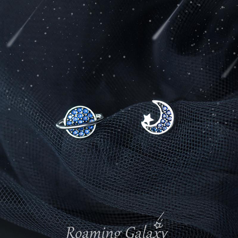 

Blue Cubic Zirconia Star Moon Asymmetric Earrings Stud Small Ear Jewelry 925 Sterling Silver For Kids Daughter Girl