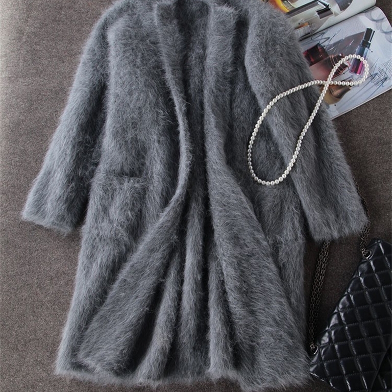 

Autumn And Winter New Korean Boutique Mink Cashmere Cardigan Sweater Female Long Coat Thickened Free shipping JN227 201203, Light grey