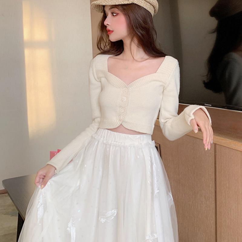 

Knitted Tops Women Cardigan Sexy Blouse Navel Exposed Long Sleeve V-Neck Casual Fall Outfits Solid Color Knitwear, Beige