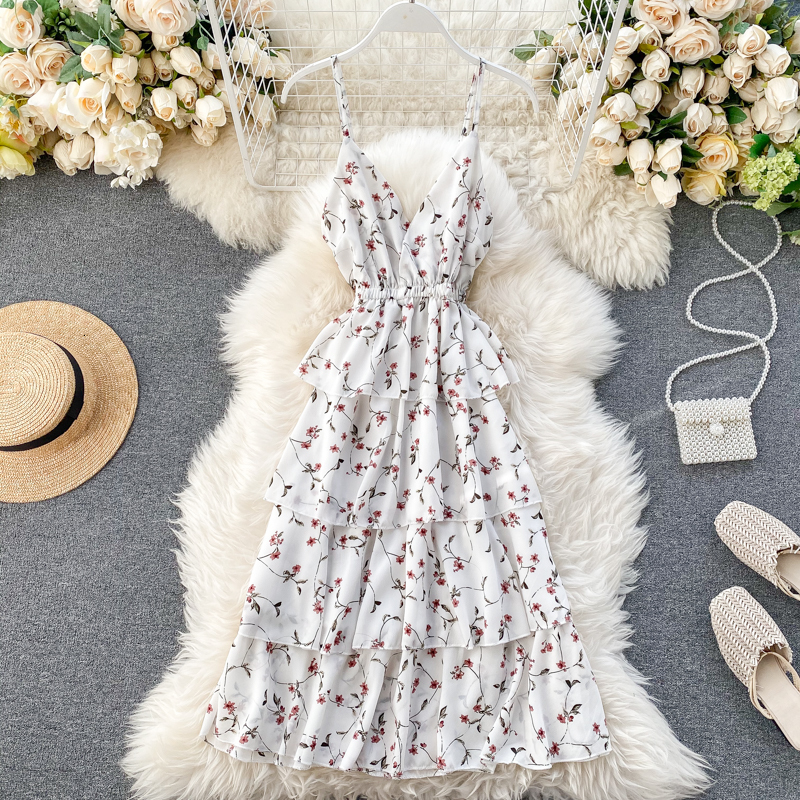 

Floral Print Dresses Frilly 2021 Sweet Spring Summer Dress Beach Fashion New Girls'dress Gftv, Black.