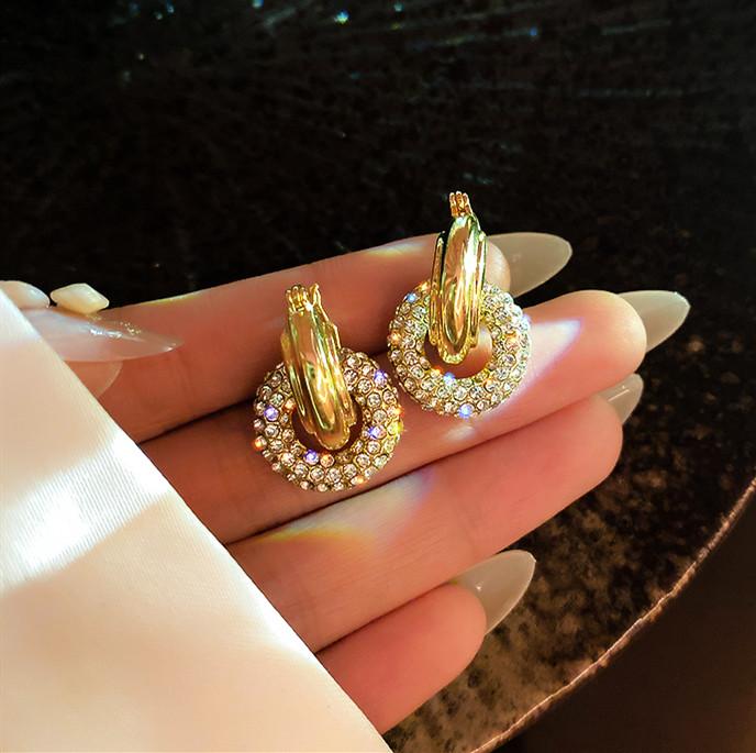 

Stud FYUAN Korean Style Golden Circle Earrings For Women Exquisite Small Rhinestones Weddings Party Jewelry