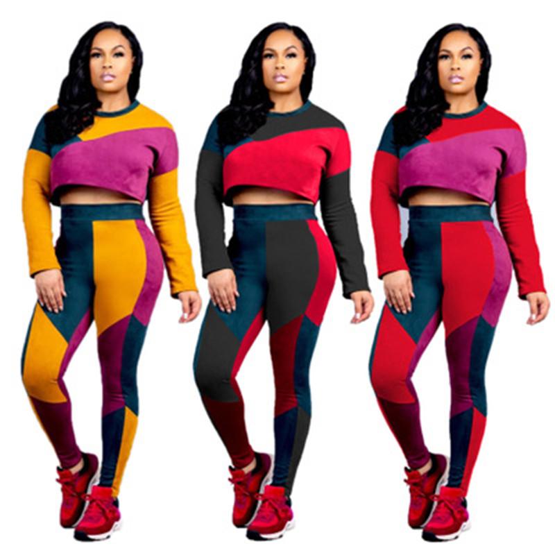 

Women Panelled Sets Clothes Fashion Trend Round Neck Long Sleeve Short Tops Trousers Suits Designer Female Autumn Casual Navel Tracksuits