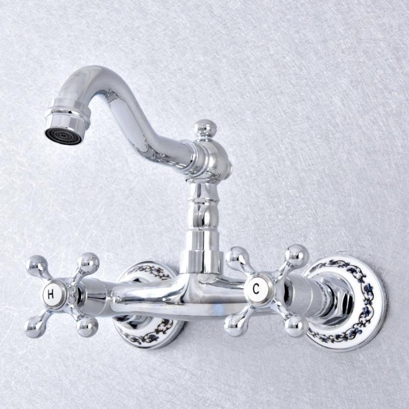 

Polished Chrome Brass Wall Mounted Double Cross Handles Bathroom Kitchen Sink Faucet Mixer Tap Swivel Spout Lsf7861