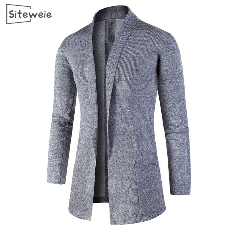 

SITEWEIE New Men's Lapel Cardigan Sweater England Style Men Korean Trendy Slim Solid Color Jacket Sweater Long Coat L437 201105, Navy