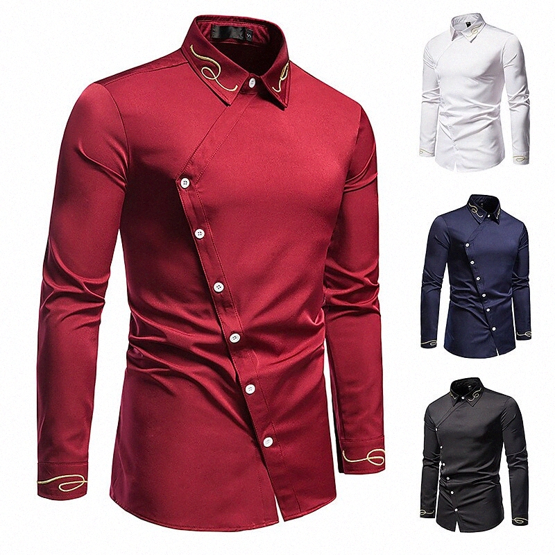 Men's Shirt Solid Color Turndown Party Work Embroidered Asymmetric Long Sleeve Tops Business Formal Comfortable Wine White Black 24zK#