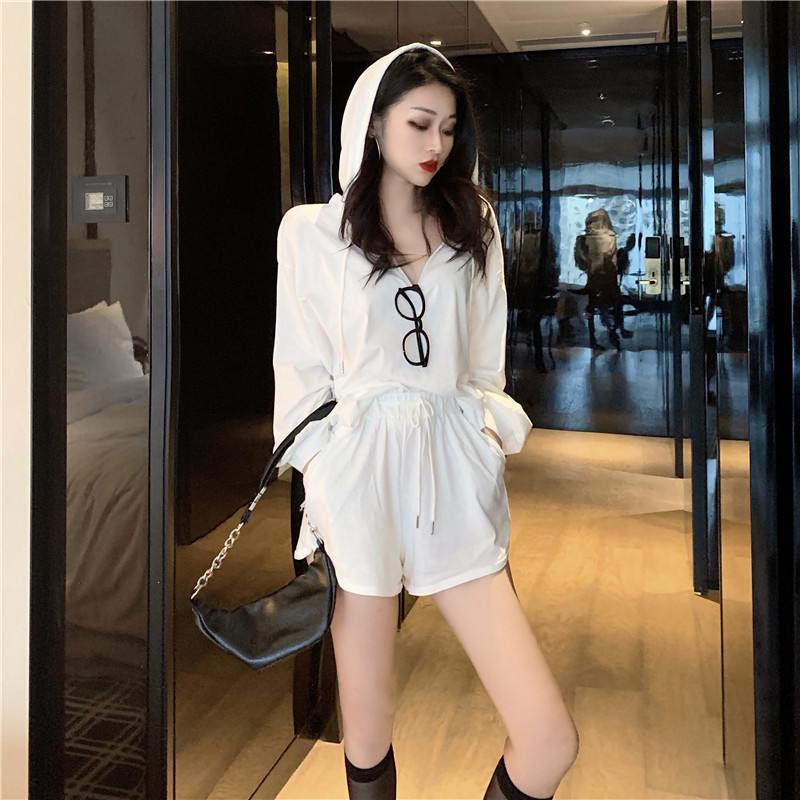 

2021 New Summer Tracksuits Womens Two Peices Hooded Thin Sweatshirt + Elastic Waist Short Casual Set Ni0b, Black