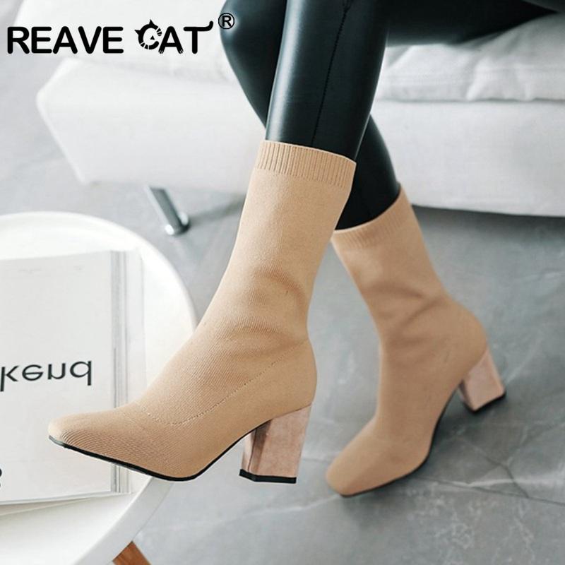 

REAVE CAT 2021 Stretch Boots for Woman Mid Calf Work Boots block Heel knitting sock bootie beige spring autumn Big size 45 46 47