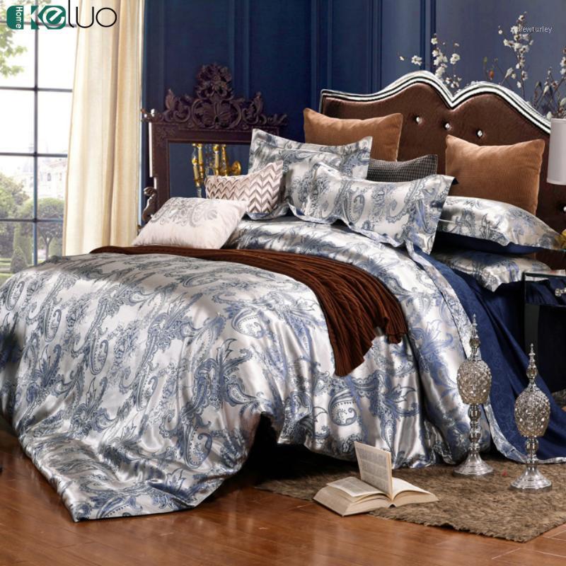 

KELUO Wedding Luxury Bedding Sets Jacquard Queen/King Size Duvet Cover Set Wedding Blue Bedclothes Bed Linen Bed sheet1, A2018011