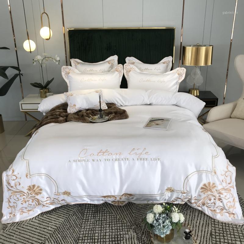 

30 Glossy Satin Cotton Classic Bedding Set Golden Embroidery Duvet Cover Set Bed Sheet Pillowcases Queen King Size 4pcs1, Yhg1