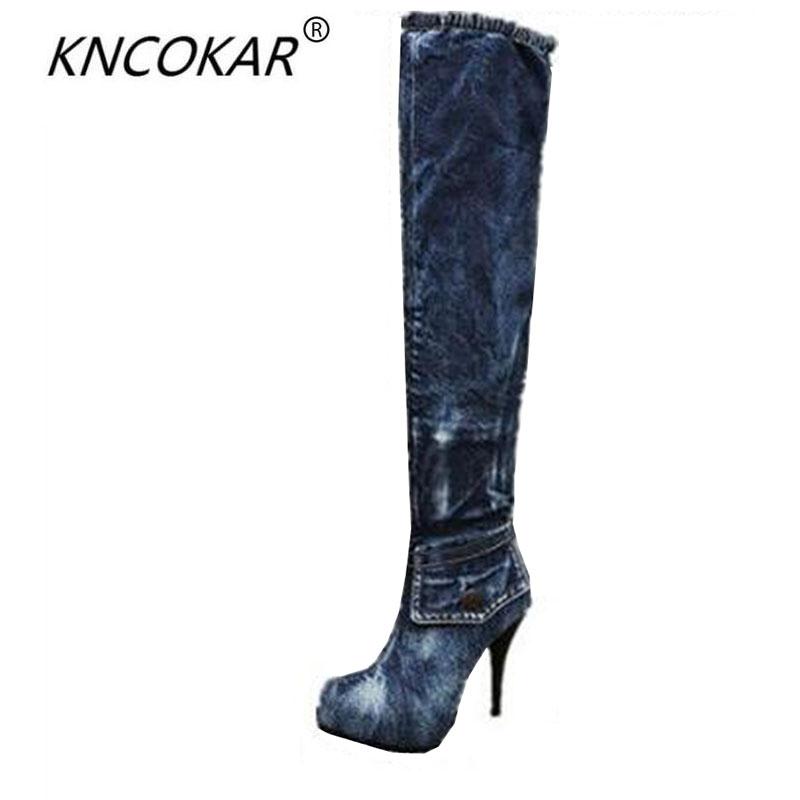 

The new denim knee-high boots thin leg stretch boots fine round head high heels with waterproof sexy women's shoes, Winter with cotton