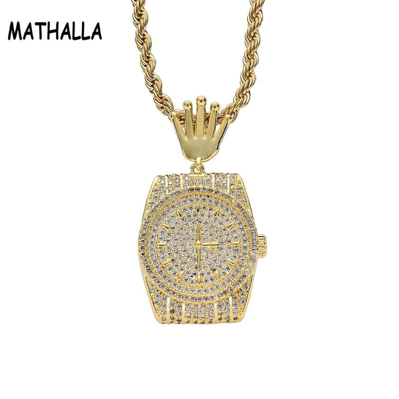 

MATHALLA iced out bling Dial Watch pendant necklaces Pave setting Zircon Fashion Charm pendants necklace Hiphop jewelry gifts